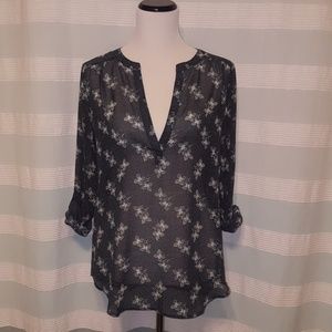 Blue and white, sheer floral blouse